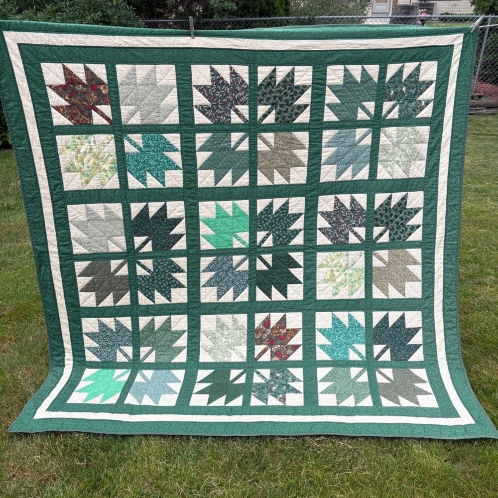 Vtg Hand Stitched Maple Leaf Patchwork Quilt Green Cream 75x75 Farmhouse Country
